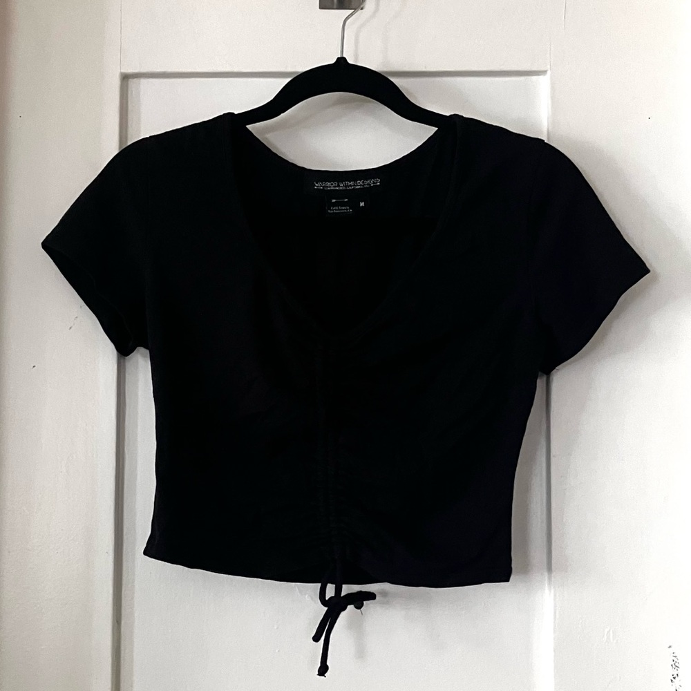 Black Drawstring V-Neck Crop Top